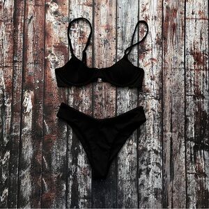 Black Ribbed Cheeky Bikini Set